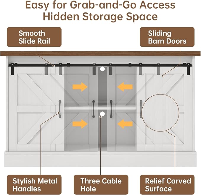 55-75 Gallon Fish Tank Stand with Sliding Barn Doors & Power Outlet, Heavy Duty Aquarium Stand with Cabinet Storage for Fish Tank, Turtle Tank, Reptile Terrarium, 1000LBS Capacity, White