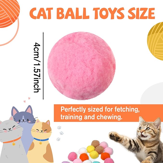 20Pcs 1.6" Cat Toy Balls, Soft Kitten Pom Pom Toys, Plush Interactive Playing Quiet Ball Cats Favorite Toy, DIY Craft Decorations, Training and Sensory Enrichment