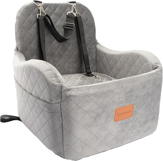 Dog Booster Car Seat for Small/Medium Dogs Up to 35lbs,Ultra Soft Fabric Covered,6in Elevated Cushion,Fully Detachable and Washable,3 Straps & 2 Pockets,Easy to Install(Grey,Medium)