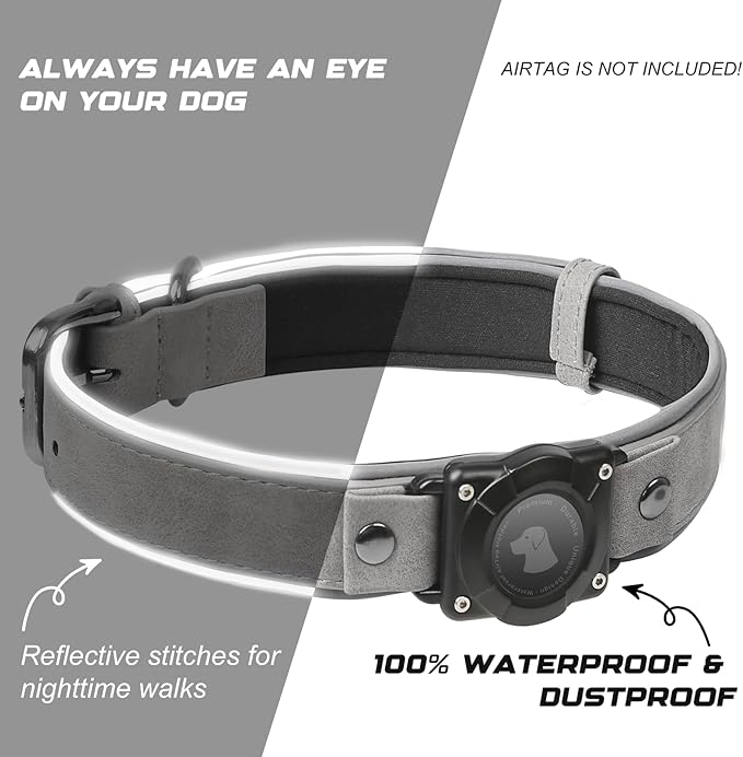 AirTag Dog Collar - Leather Dog Collar with Air Tag Holder | IPX8 Waterproof, Reflective, High - End, Adjustable Soft Padded | Dog GPS Tracker Collars Fit for Medium Large Dogs (Grey, M)