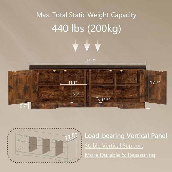 DINZI LVJ Shoe Bench, Entryway Storage Bench with Doors, Cushion, 2-Tier Shoe Rack with 8-Cubby, 47.2”L x 13.8”W Shoe Organizer Cabinet, Adjustable Shelf, Living Room, Bedroom, Rustic Brown