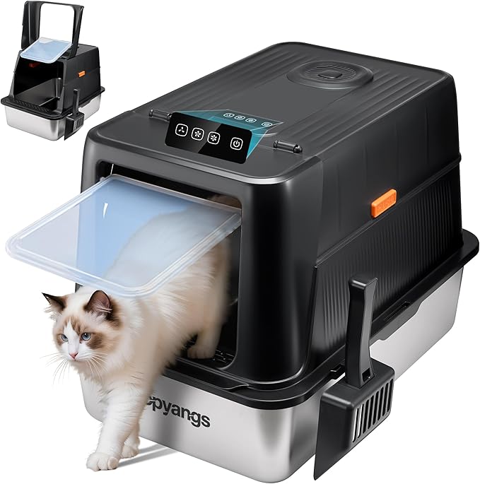 Odor-Control Stainless Steel Litter Box, 135° Flip-Top Metal Cat Litter Box with Electric Deodorization, Enclosed High Sided Litter Pan, Breeze Litter Box System, Anti-Urine Leakage