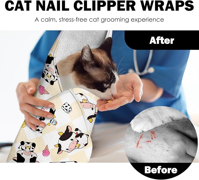 27.6" Cat Grooming Wrap, Self Adhesive Cat Wrap for Cutting Nails, Anti-Escape Calming Cat Swaddle Wrap for Medicine Ear Cleaning, Cartoon Cow Anti-Scratch Cats Burrito Restraint Blanket, Pet Tool