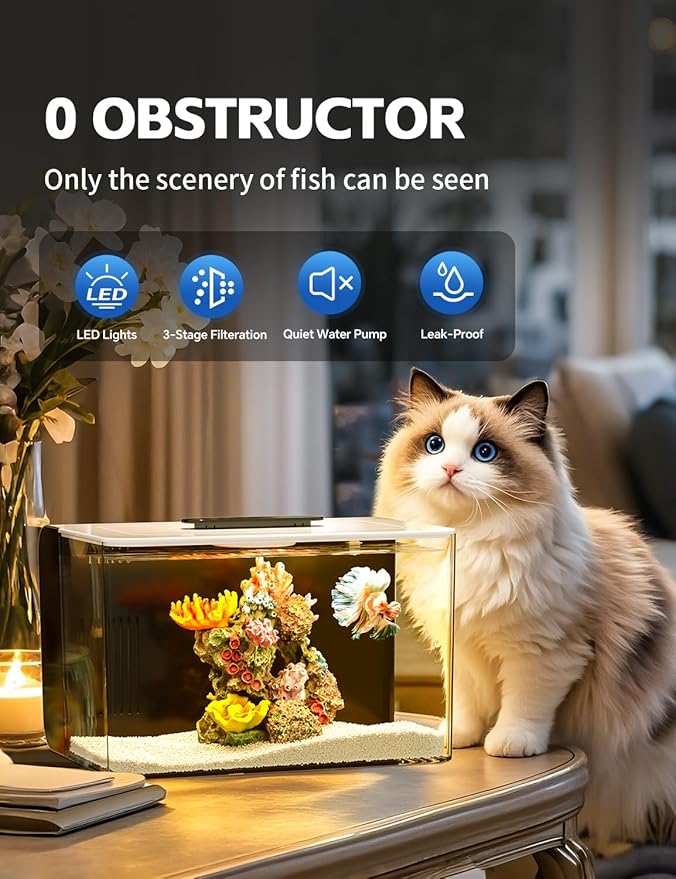 Betta Fish Tank, 2.5 Gallon Aquarium Kit with Modular Filtration, Heater, Light, Self Cleaning, Oxygenation, Small Fish Tank for Goldfish, Guppy, Shrimp