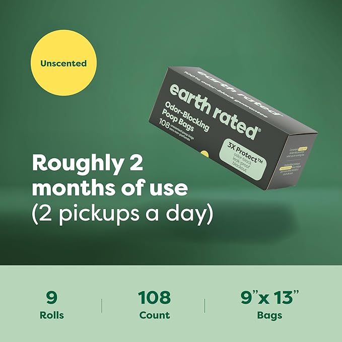 Earth Rated Odor-Blocking Poop Bags for Dogs with 3X Protect, Guaranteed to Block Smells & Leak-Proof Performance, Conceals Smell & Mess, Unscented, 108 Count