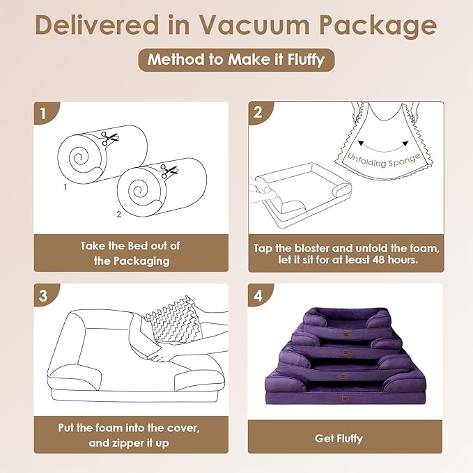 EHEYCIGA Orthopedic Dog Beds for Extra Large Dogs, Waterproof Memory Foam XXL Dog Bed with Sides, Non-Slip Bottom and Egg-Crate Foam Big Pet Couch Bed with Washable Removable Cover, Purple