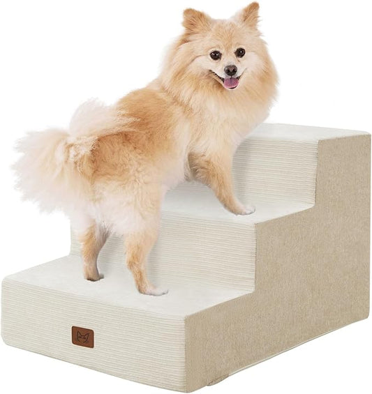Dog Stairs for Bed, Dog Steps for Bed Couch Sofa, 35D Foam Pet Steps for Small Dogs and Cats, Extra Wide Pet Stairs with Non-Slip Bottom Beige, 3 Steps