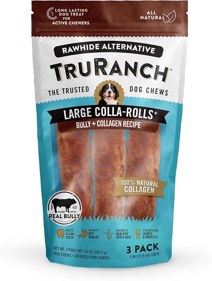 Collagen Rolls - 9" Collagen Rolls for Dogs - Long Lasting Healthy Joint Support Dog Treat - Rawhide Alternative - Skin & Coat Health - Made with Real Bully, 1 Bag, 3 Count