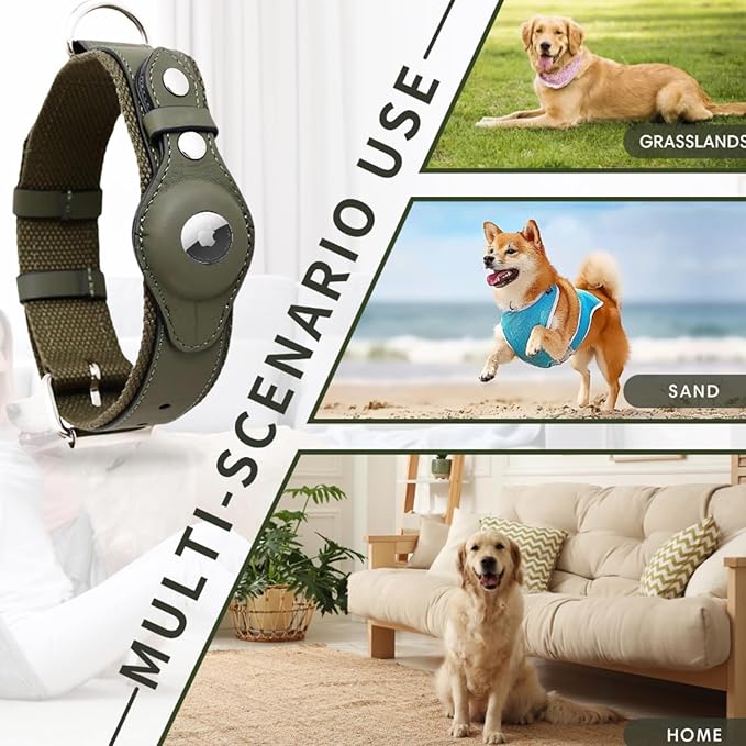 AirTag Dog Collar Soft Leather Webbing Dog Collar for AirTag Provides Double Protection for Small Medium and Large Dogs(Blue,M)