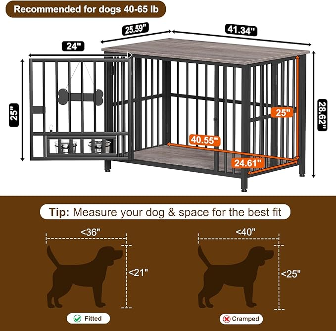 Easycom 41" Dog Crate Furniture Foldable, No Assembly Decorative Dog Kennel Indoor, Dog Crates for Large Dogs (40-65 lbs), Wooden Dog Cage with Adjustable Bowls and Name Tag, End Table, Oak Grey
