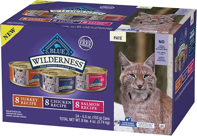 Blue Buffalo Wilderness High Protein, Natural Adult Pate Wet Cat Food Variety Pack, Chicken, Salmon, Turkey 5.5-oz can (24 count - 8 of Each Flavor)