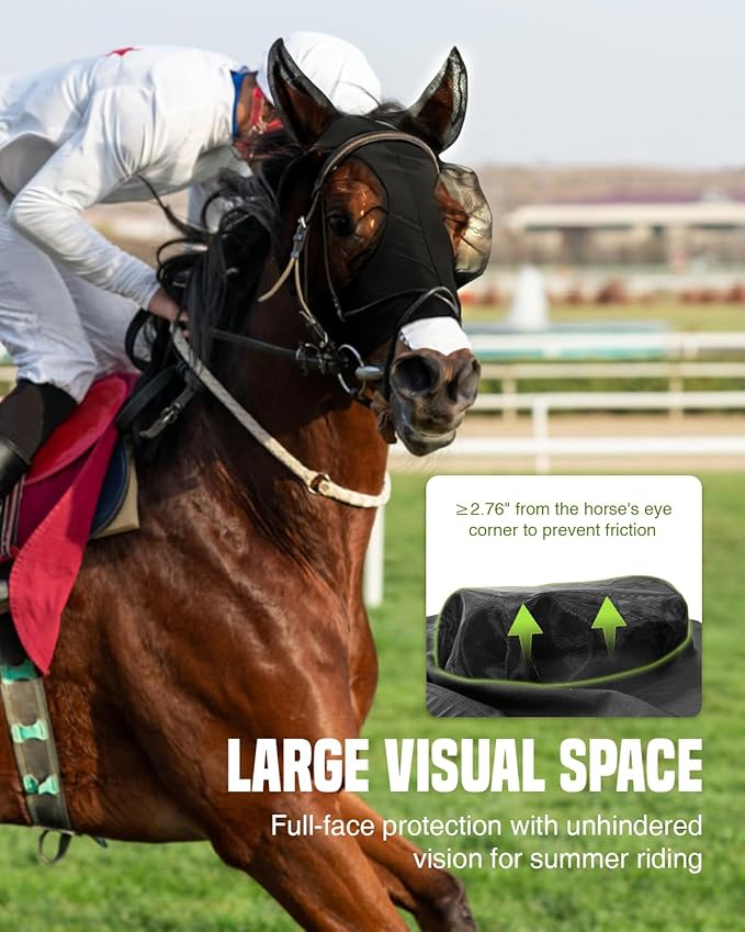 JWODVNTH Fly Masks for Horses with Ears - Large Eye Space, Comfort, UV-Block - Horse Fly Mask for Daily Stable, Hot Weather Riding, and Competition - Full, Black