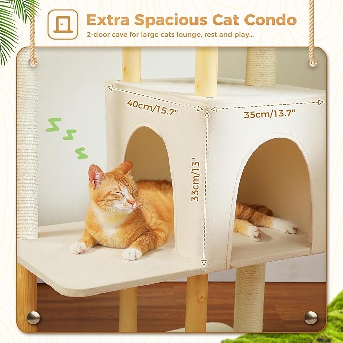 PAWZ Road Large Cat Tree, 53 Inches Modern Wooden Cat Tower for Indoor Large Cats, Multi-Level Cat Condos with Long Scratching Posts and Natural Wood Posts-Beige