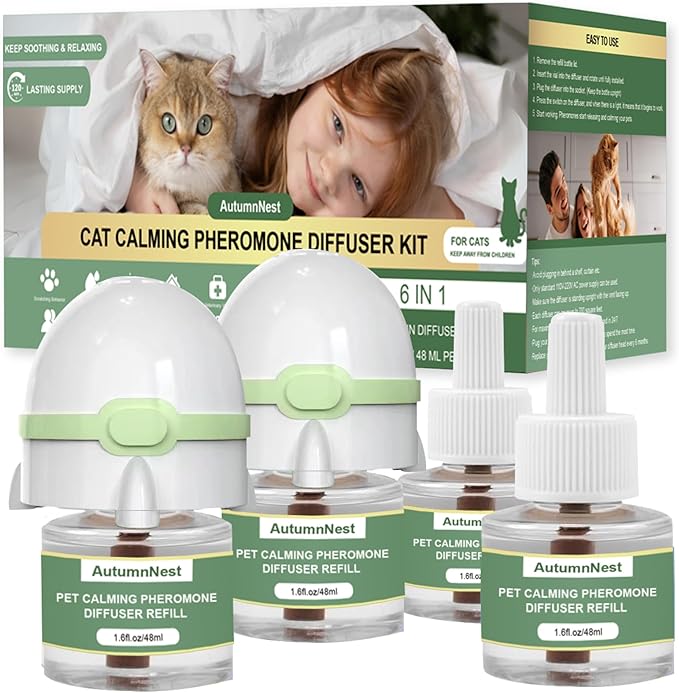 6-in-1 Cat Calming Pheromone Diffuser Kit, Cat Calming Diffuser for Anxiety Relief, Aggression, Scratching, Urine Marking, Fighting, Meowing, Hiding, Safe for All Cats, 120 Days Support