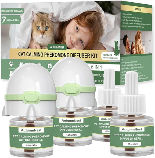 6-in-1 Cat Calming Pheromone Diffuser Kit, Cat Calming Diffuser for Anxiety Relief, Aggression, Scratching, Urine Marking, Fighting, Meowing, Hiding, Safe for All Cats, 120 Days Support