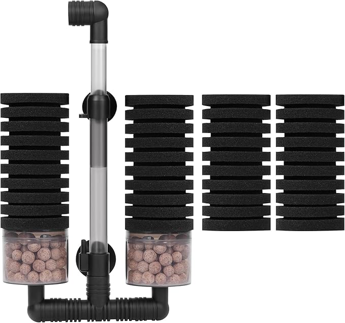 AQUANEAT Aquarium Air Powered Sponge Filter with Ceramic Media Balls, for Betta Fry Shrimp Fish Tank, with 2 Spare Sponges, up to 55Gal