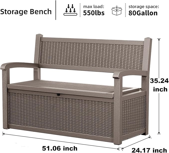 80 Gallon Storage Bench Deck Box, Waterproof and Lockable Outdoor Storage Furniture for Patio, Garden, and Porch – Perfect for Storing Garden Tools and Cushions (Gray)