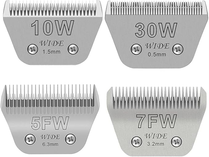4PCS Wide Blades for Dog Grooming Blades Compatible with Andis,Oster A5,Wahl km10 Dog Clippers Stainless Steel Blades for Animal Dog,Cat,Horse,Silver,Size #10W+30W+5FW+7FW