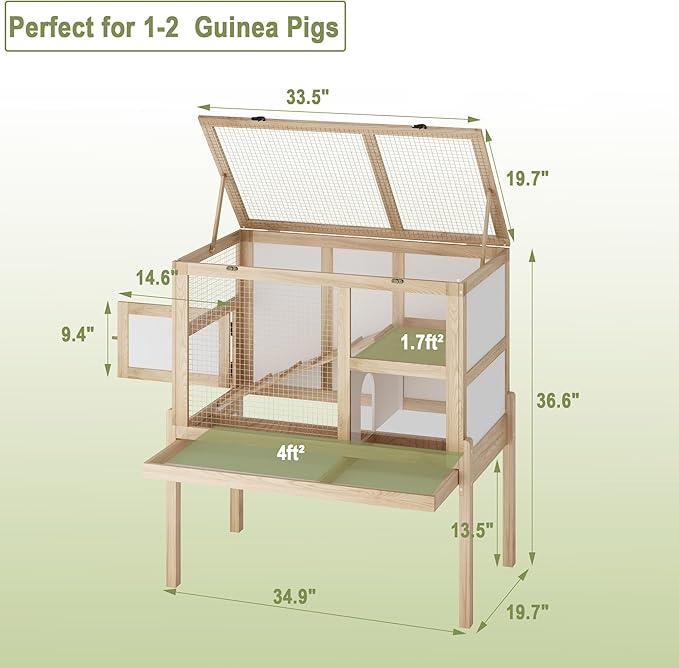 Guinea Pig House for 2 with Stand, Small Animals Rabbit Cages with a Pull Out Tray, Wooden 2-Story Indoor Large Hamster Habitat Playpen with Ramp, Hideout, Platform