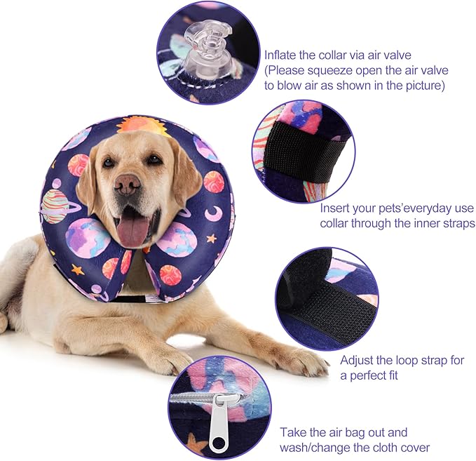 CuteBone Inflatable Dog Donut Collar with Removable Soft Fleece Covers for Small/Medium/Large Dogs and Cats After Surgery GWB11M