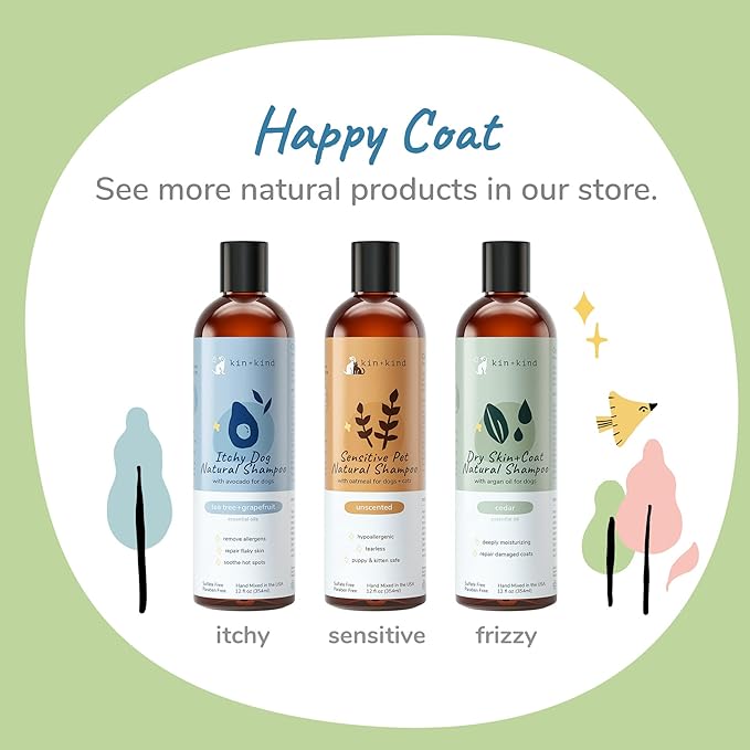 kin+kind Anti-Itch Dog & Cat Shampoo for Itchy Skin and Allergies - Safe, Natural Formula with Olive, Coconut, and Avocado Oil - Made in The USA - Great for Dog Grooming and Cat Supplies (12 fl oz)