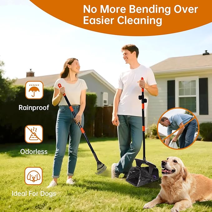 Dog Pooper Scooper with Bags & Dispenser - 37.4" Long Durable Metal Handle Swivel Bin & Rake & Spade Kit, Large Capacity Portable Pooper Scooper for Yards，Easy to Assemble
