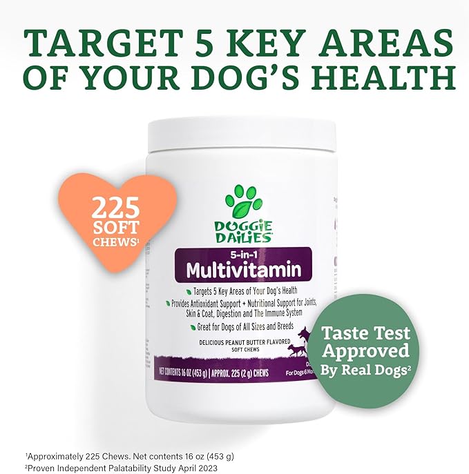 Doggie Dailies 5 in 1 Multivitamin for Dogs, Dog Multivitamin for Skin and Coat Health, Joint Health, Improved Digestion, Antioxidants, Support a Healthy Immune System (Peanut Butter) 225 Soft Chews