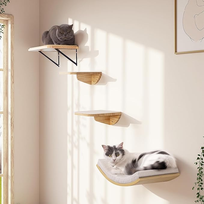 Cat Wall Shelf with Curved Hammock Bed, Wall Mounted Cat Perch with Beige Soft Foam Cushion, Floating Wall Furniture for Climbing, Sleeping & Lounging