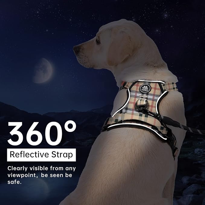 IVY&LANE No Pull Dog Harness with Leash Set, Reflective No Choke Pet Vest,Adjustable Oxford Dog Vest Harness with Easy Control Handle for Large Dogs (Checkered Beige,XL)