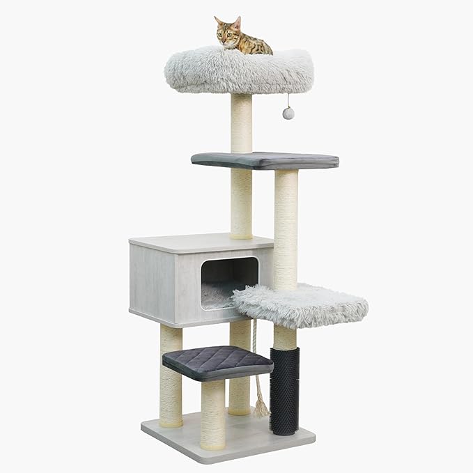Catry Kasio 6 Level 54" High Modern Cat Tree with Laminated Wood Condo,Replaceable Scratching Posts,Removeable Washable Beds, Self Grooming Brush and Toys.(Light Gray)