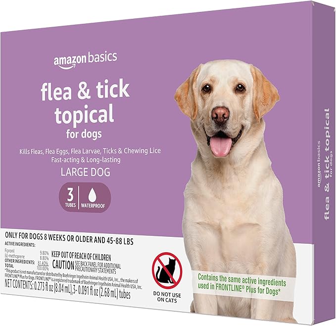 Amazon Basics Flea and Tick Topical Treatment for Large Dogs (45-88 pounds), 3 Count (Previously Solimo)