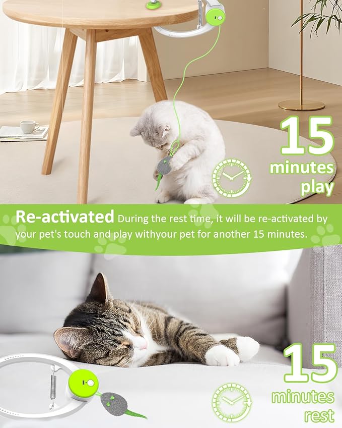 Cat Toy Interactive for Indoor Cats, Smart USB Rechargeable Door Hanging Automatic Retractable Kitten Toys, Teaser Electronic Self Play Feather Cat String Toy Attached with 3 Catnip Mice Green
