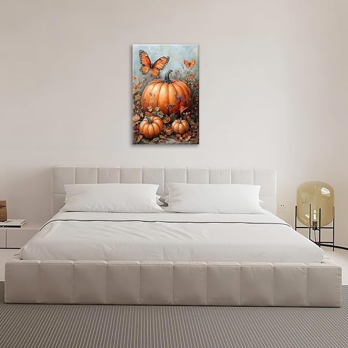 Fall Pumpkin Pictures Wall Art, Rustic Thanksgiving Bathroom Wall Decor, Farmhouse Autumn Butterfly Framed Painting Canvas Artwork for Harvest Gift Bedroom Living Room Decorations 24"L x 16"W