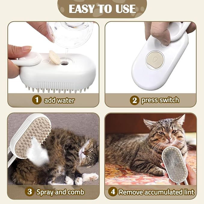 Cat Steam Brush - 5 In1 Grooming Kit for Cats and Dogs Silicone Massage Tool - Stainless Steel Nail Scissors - Hair Detangling Comb - Water Spray Rechargeable Shedding Wash-Free Essence (White)