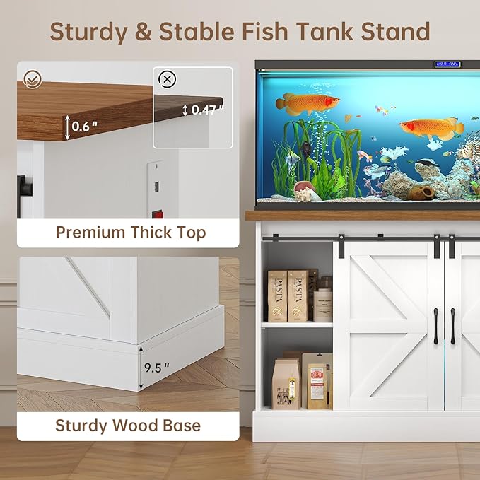 55-75 Gallon Fish Tank Stand with Sliding Barn Doors & Power Outlet, Heavy Duty Aquarium Stand with Cabinet Storage for Fish Tank, Turtle Tank, Reptile Terrarium, 1000LBS Capacity, White