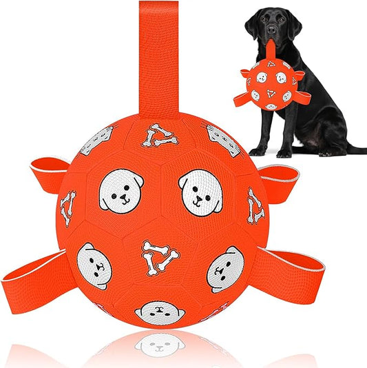 Dog Balls Toy, Durable Soccer Ball with Straps, Interactive Dog Toys, Water Fetch Ball for Tug of War, Herding, Dog Toys to Keep Them Busy – Dog Birthday Gift for Medium Large, 8 Inch