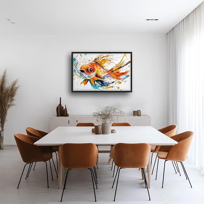Framed Large Fish Wall Art for Living Room, Oversized Graffiti Goldfish Wall Decor Watercolor Fishing Canvas Painting Modern Artwork Home Decoration for Living Room Bedroom Office 36"x24"