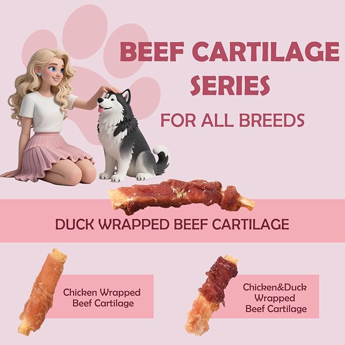 ASMPET Dog Treats, Duck Wrapped Beef Cartilage, Rawhide Free & Grain Free Dog Snacks