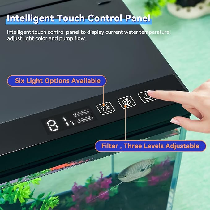 8 Gallon Aquarium Kit Featuring Real-Time Temp Display, Adjustable Flow Pump, Bottom Storage, Multi-Position Filter & 6 Light Modes - Complete Fish Tank Starter for Betta or Goldfish