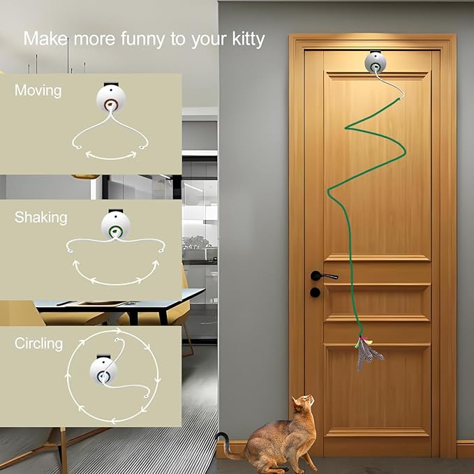 Cat Toys Interactive for Indoor, Cats Toy Hanging Door Electric for Bored, Feather Toy Kitten Rechargeable Door Hanging Automatic String with 4pcs Feather Toys, White