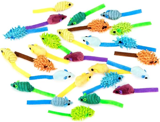 CHIWAVA 27PCS 2" Striped Shaggy Cat Toy Mice with Rattle Assorted Small Mouse Interactive Play for Indoor Cats Mix Color