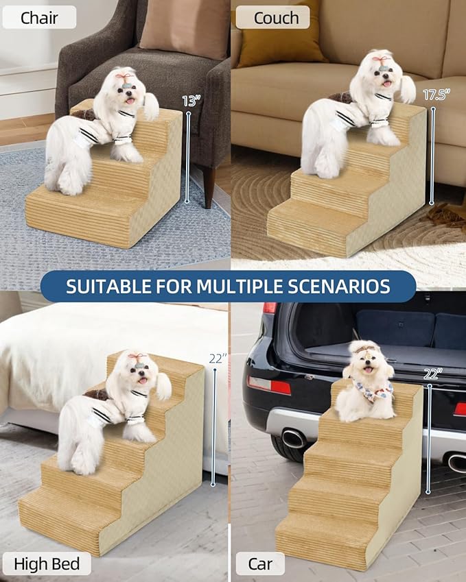 Dog Stairs for Small Dogs,13" H,3-Step Dog Steps for Bed and Couch with High Density Foam,Non-Slip Pet Steps for Doggy and Cat,Pet Stairs with a Washable Cover,Khaki