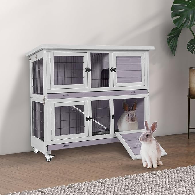Aivituvin Rabbit Hutch Indoor, Folding Bunny Cage with Two Story, Rabbit Cage with Wheels, Anti Slip Ramp
