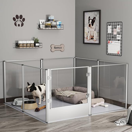 Dog Clear Playpen Fence Kennel: Pet Indoor Heavy Duty Whelping Box Pen Cage with Waterproof whelping pad - Small Animal Acrylic Exercise Kennel Pen with Metal Frame for Cats Puppy Rabbits Guinea Pig