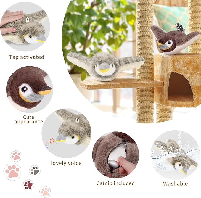 2 PCS Cat Toys, Flapping Bird Cat Toy(No Flying), Interactive Catnip Toy with Catnip Bags, Chirping Noise Moving Wings Dog Cat Kitten Toys, Flappy Flying Pets Toy for Indoor(Brown&Gray Sparrow)