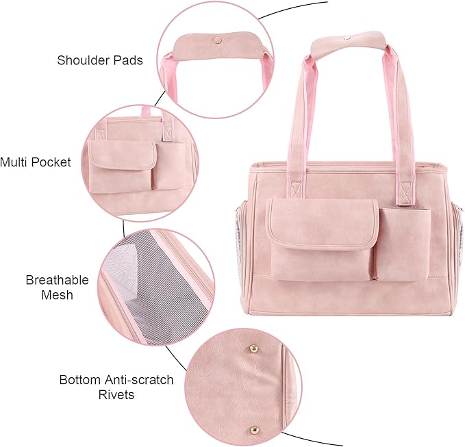 Dog Carrier Purse, Fashion Leather Pet Carrier Bag, Airline Approved Soft Sided Cat Travel Tote Bag with Pockets Pink