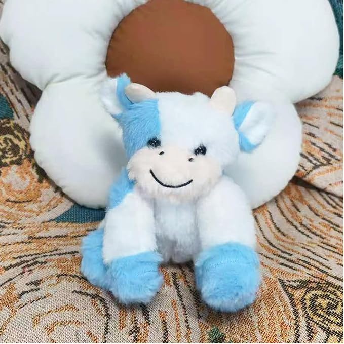 Blue and White Cow Weighted Stuffed Animal 20cm/7.87in Cute Sitting Cow Plush Toy with Smile Soft Fluffy Small Farm Plushie for Kids Adults Birthday Festival Gift Bed Home Office Decor Toys