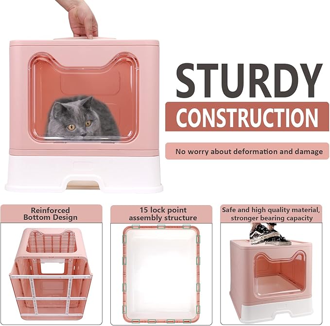 Foldable Cat Litter Box with Lid, Enclosed Potty, Large Top Entry Anti-Splashing Toilet, Easy to Clean Including Litter Scoop and 2-in-1 Cleaning Brush (Pink)