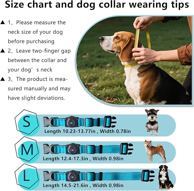 Air -Tag Dog Collar Waterproof Dog Air Tracker Chip for Apple Find My (iOS only) Reflective Strip Real Time Anti-Loss Tags Ultra-Durable GPS Pet Tracking Collar, Sky Blue M (12.4''-17.3'')