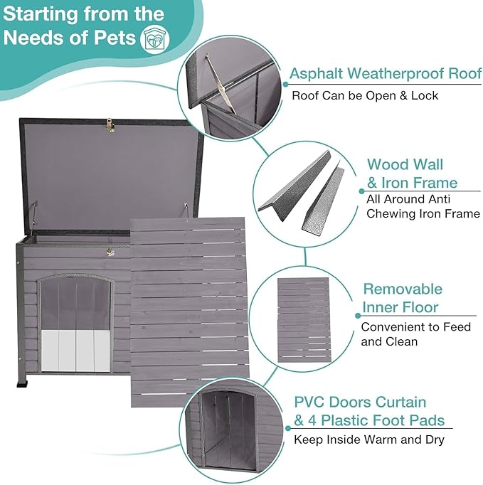 Feral Dog House Outdoor,Anti Bite Iron Frame Dog Kennel,Wood Warm Pets Home,Insulated Weatherproof Outside Shelter for Feral Animal (43.3" (L) x 29.4" (W) x 33.4" (H)-Grey-in)